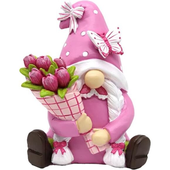 Pink Garden Gnome Figurine Spring Summer Easter Decor Outdoor Indoor Statue - Picture 8 of 8